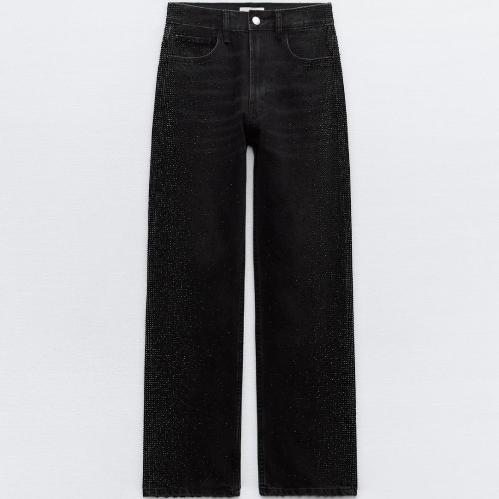 NWT Black Mid-Rise Straight Jeans w/ Rhinestone Appliqués, 4